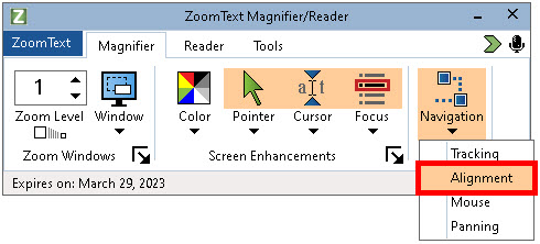 Zoomtext 2023 fonction de centrage